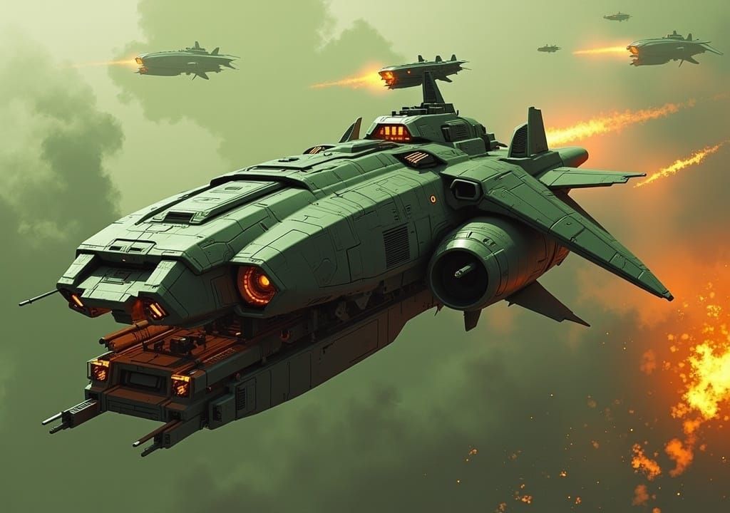 <lora:Astronavis:1.0>8k, cel shaded close-up head-on view of attack-frigate starship in the style of No Man's Sky in high orbit :: cloudcor...