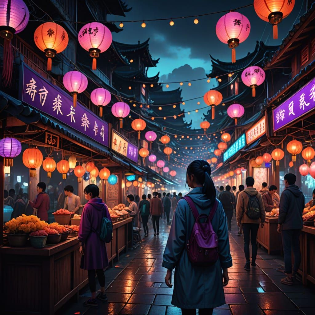 Vibrant Asian Night Market in Fantasy Concept Art