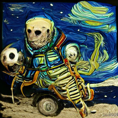 Scary skeleton astronaut in space Van Gogh