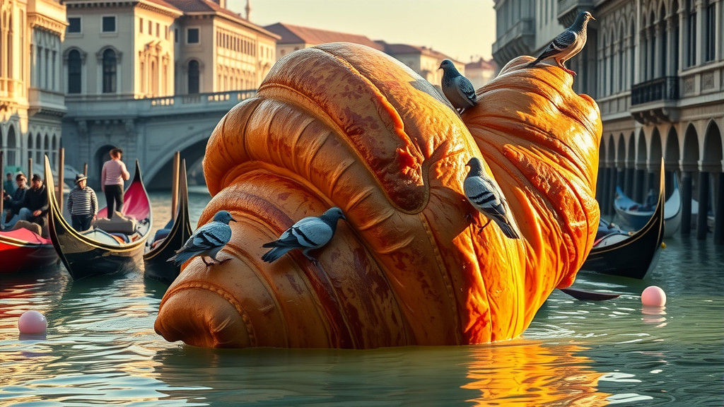🥐 🌊 🇮🇹 🏛️ A massive golden-brown croissant rests in Venice's Grand Canal (Giant Food in Odd Places)  by @PatrickF