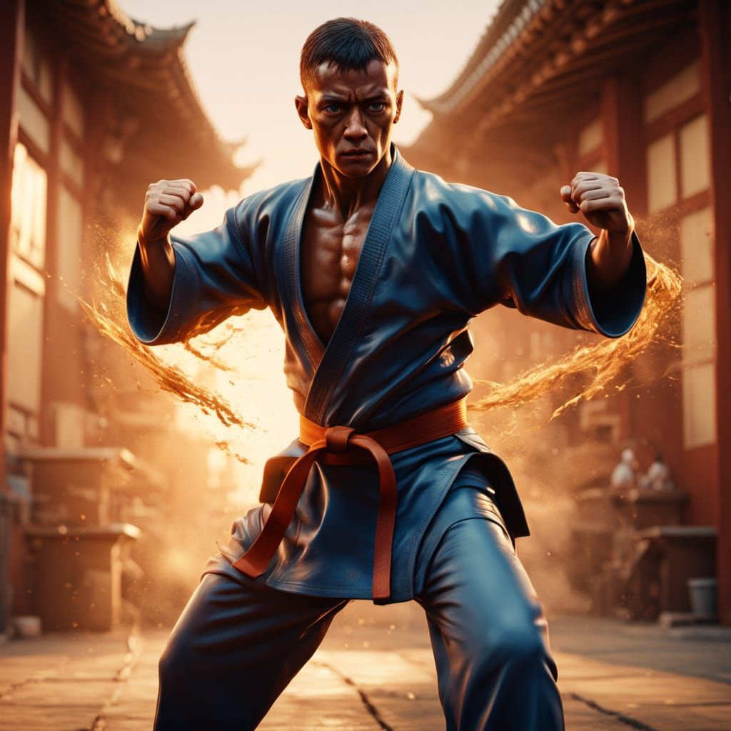 A dynamic scene of a martial artist mid-kick or punch. 8k resolution, Unreal Engine 