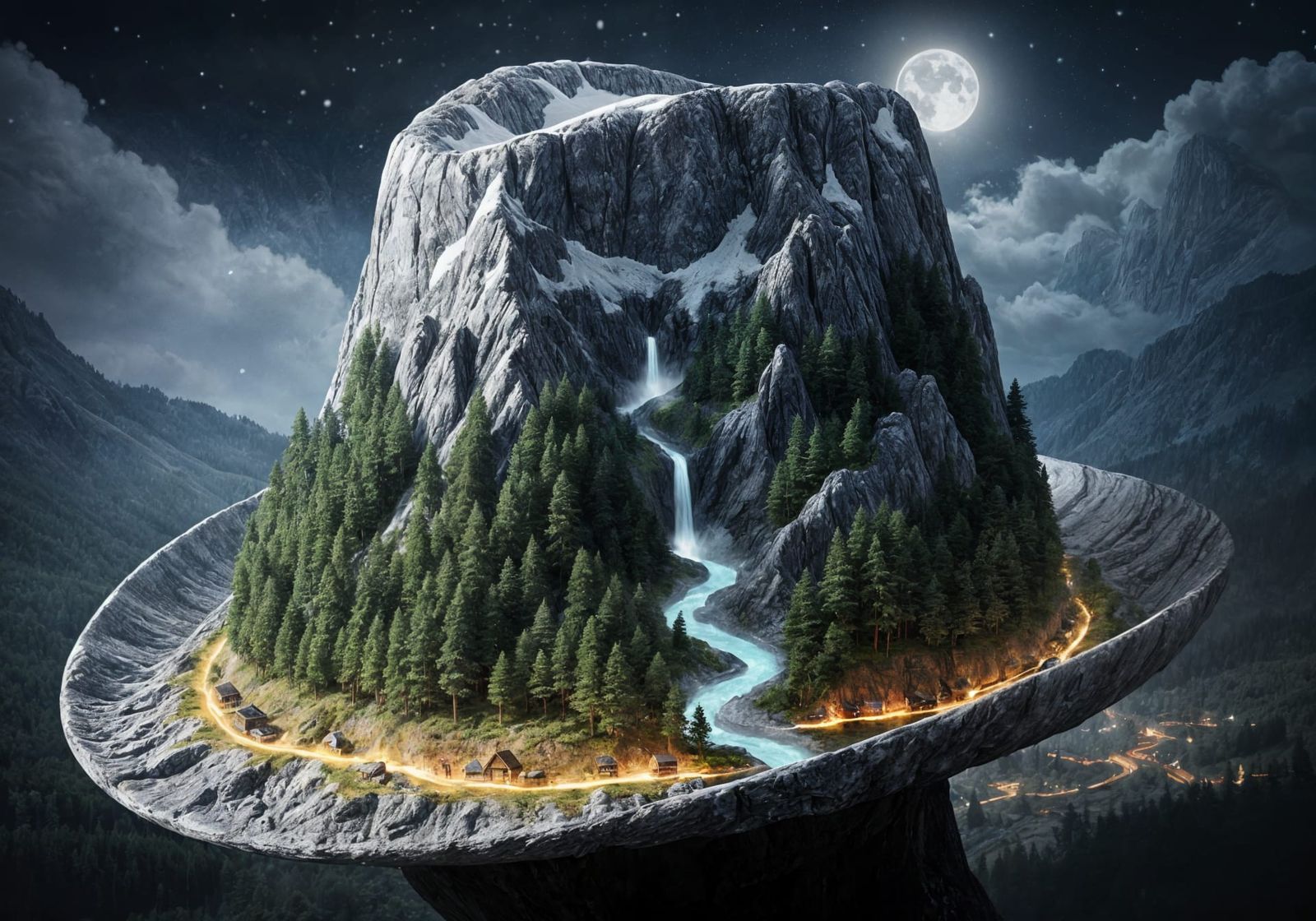 The Mountain Hat of Moonlight, Where Rivers Fall, Pines Whisper, and a Tiny World Rests on a Brim  by @Road Graphica