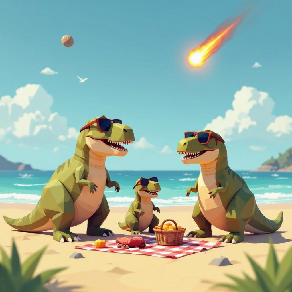 3D low poly scene, T-Rex family (Big daddy, smaller mama and 2 young siblings) is on a beach, making a picknic with thie favorite diplodocus...
