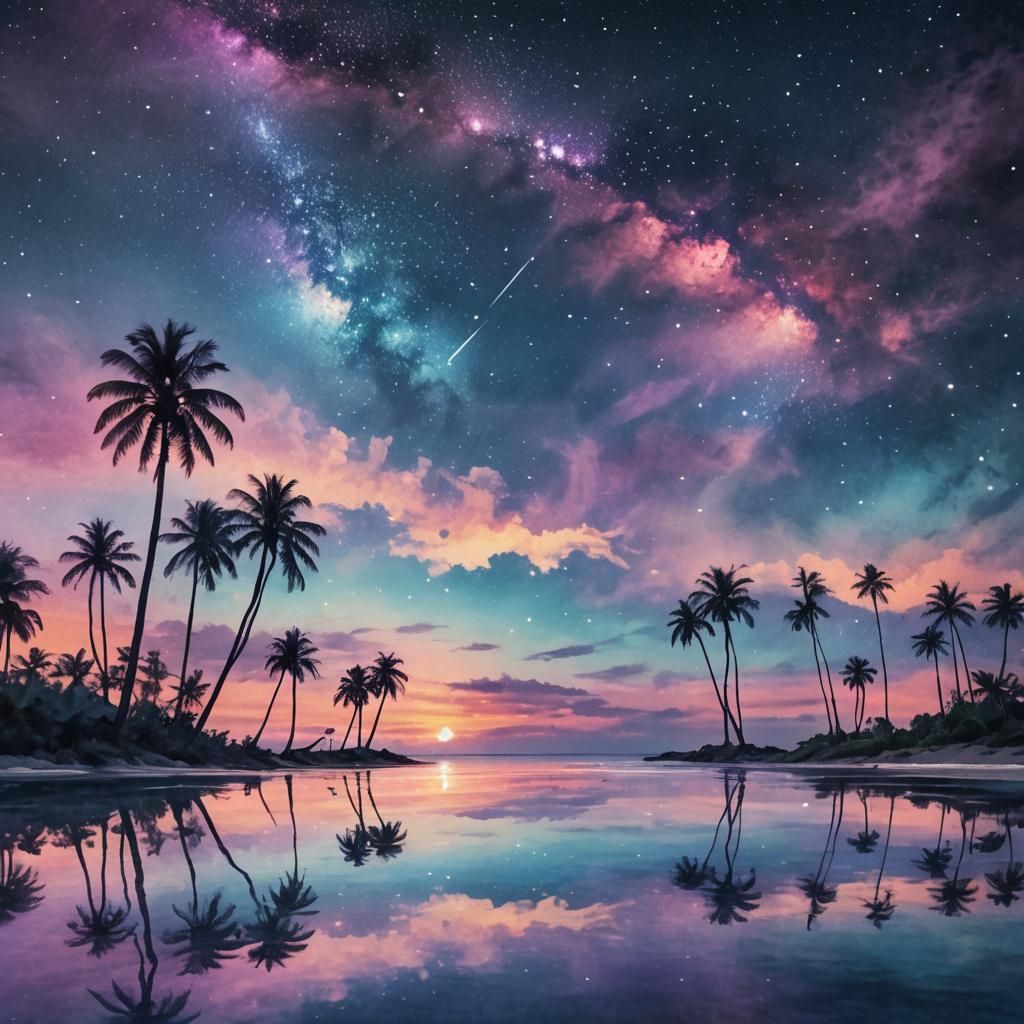 Surreal view of colorful palm trees, and next to crystal clear ocean. There is a sunset visible far away ...  by @Dr Tiel