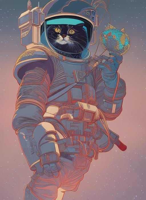 Astronaut cat ,style of Laurie Greasley, studio ghibli, akira toriyama ...