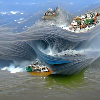 A tidal wave overcoming a fishing boat