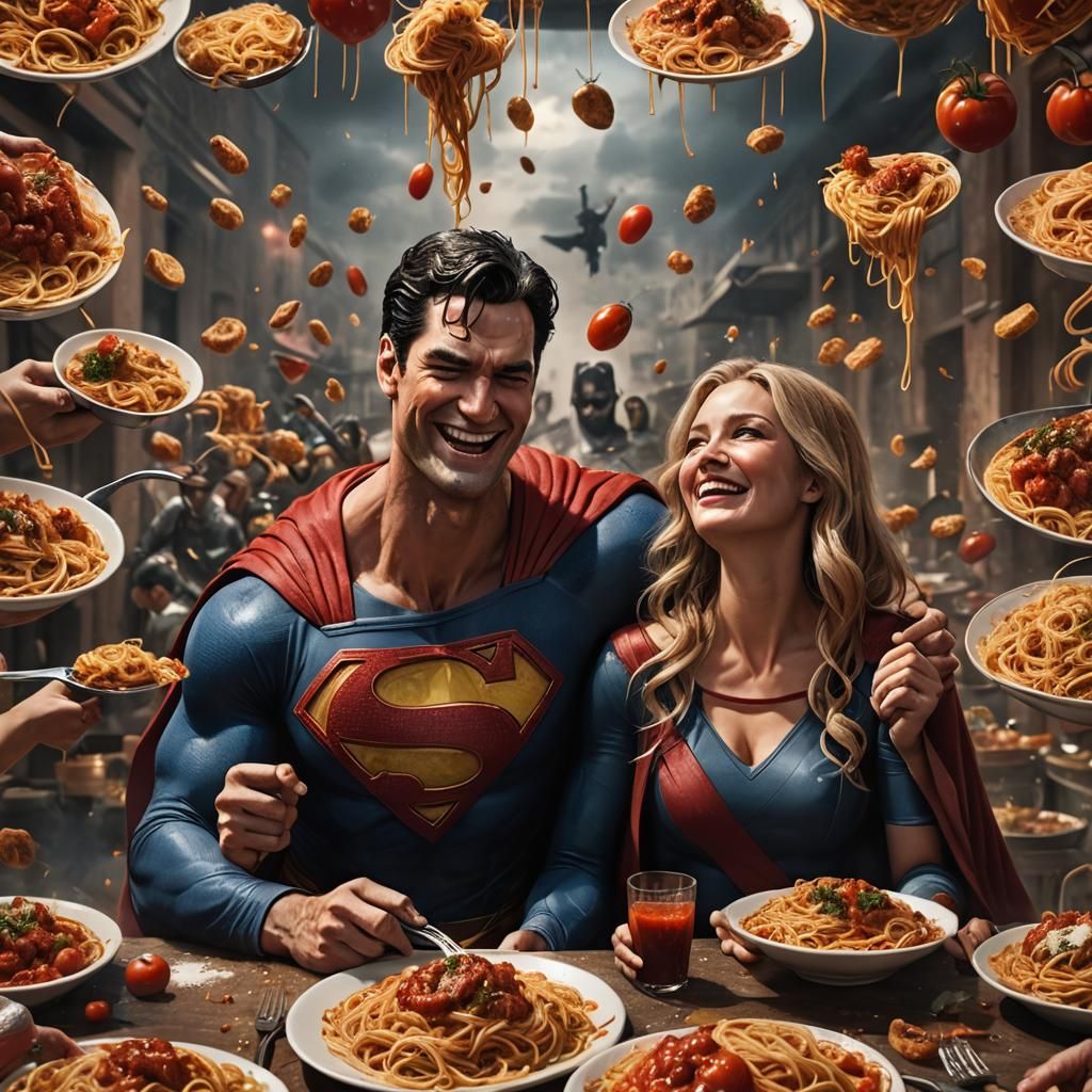 Superman and Supergirl are each eating a plate of spaghetti with tomato ...