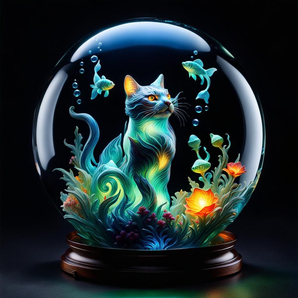 Illuminated Glass Cat Catching Fish: Fantasycore Art