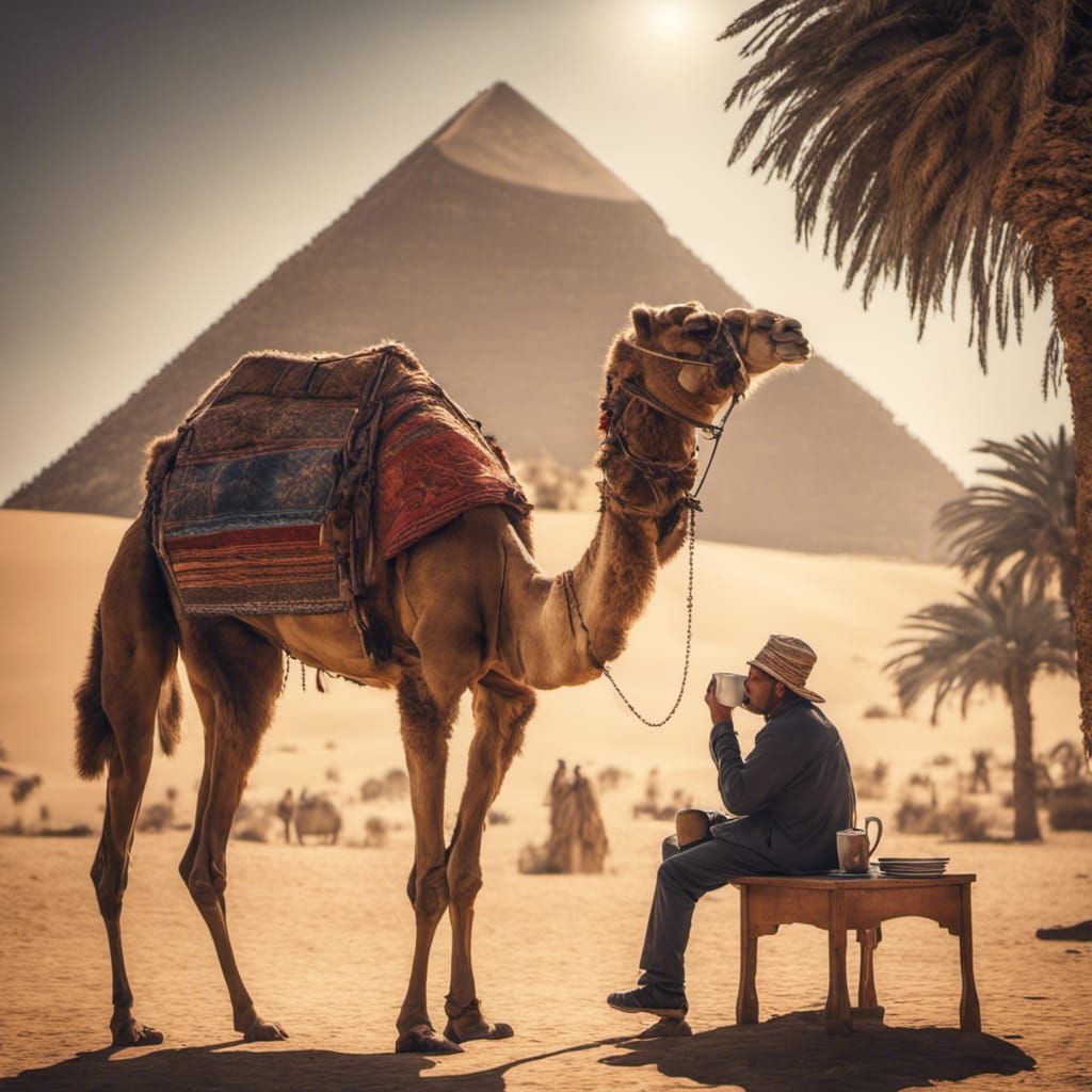 one man and camel with pyramid drinking coffee, realistic