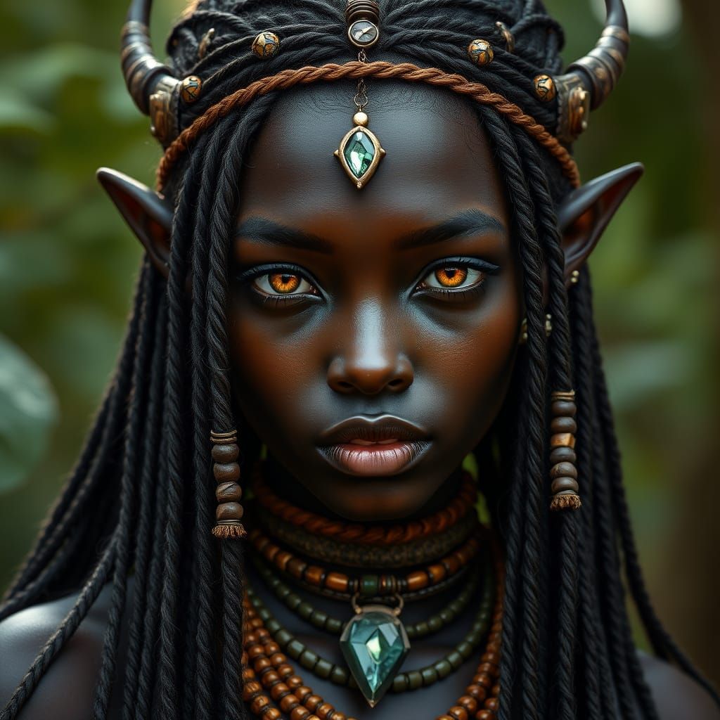 Striking Half-Elf Woman with Beaded Hair