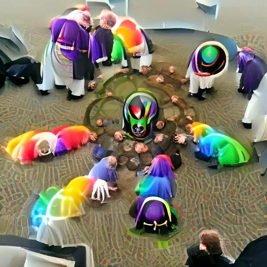 Circle of rainbow alien priests gather around sacrifice