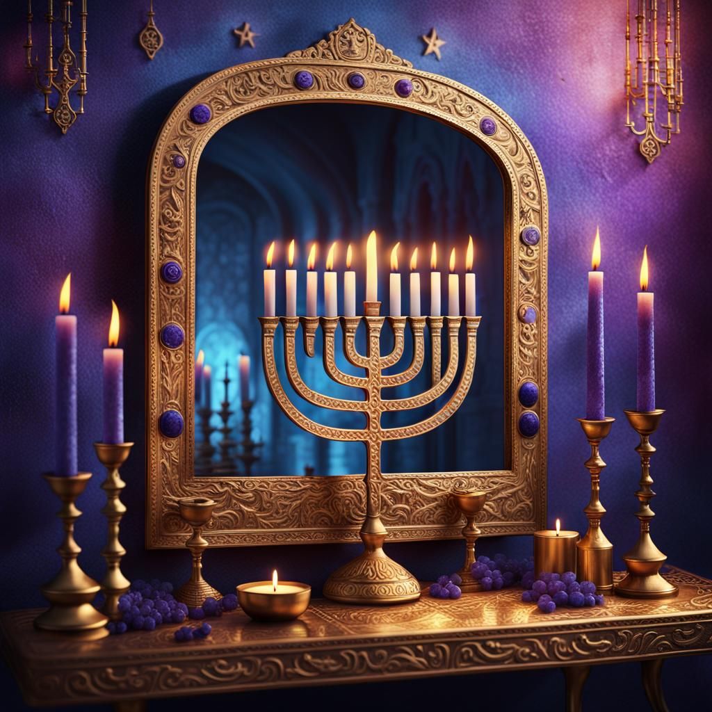 Surreal Hanukkah Scene with Ancient Menorah and Mystical Ref...