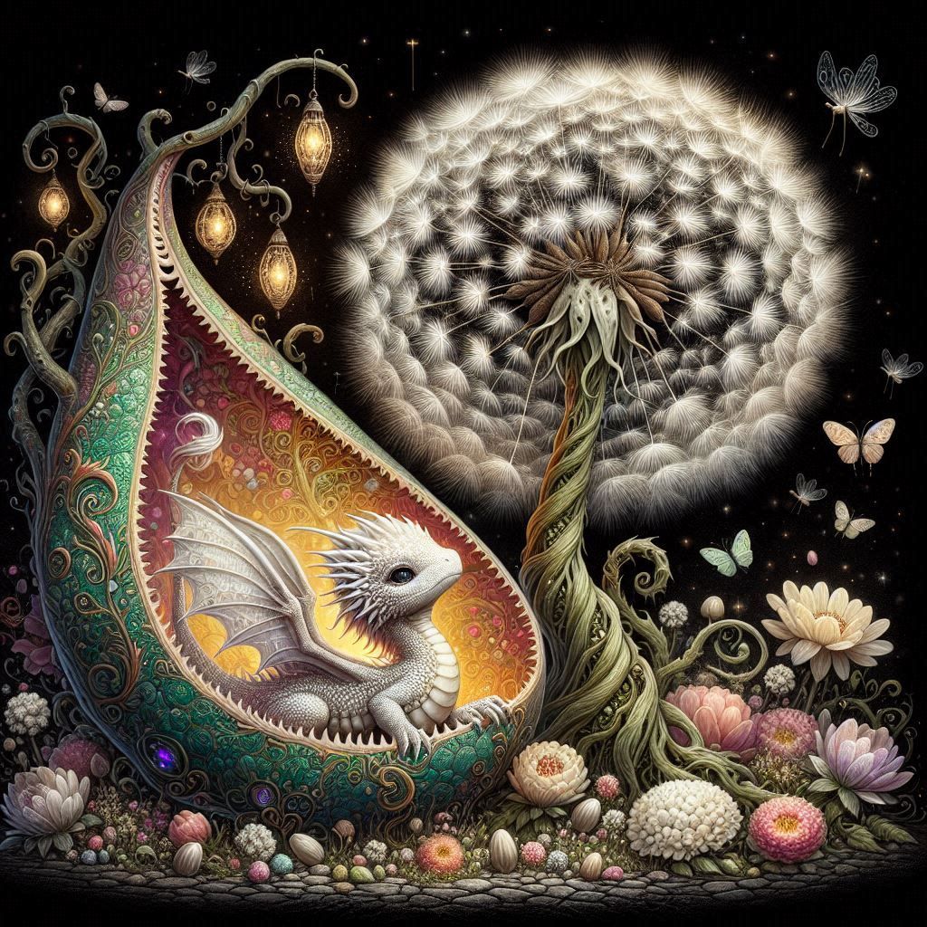 Baby Dragon in a seed pod with a Dandelion  tree