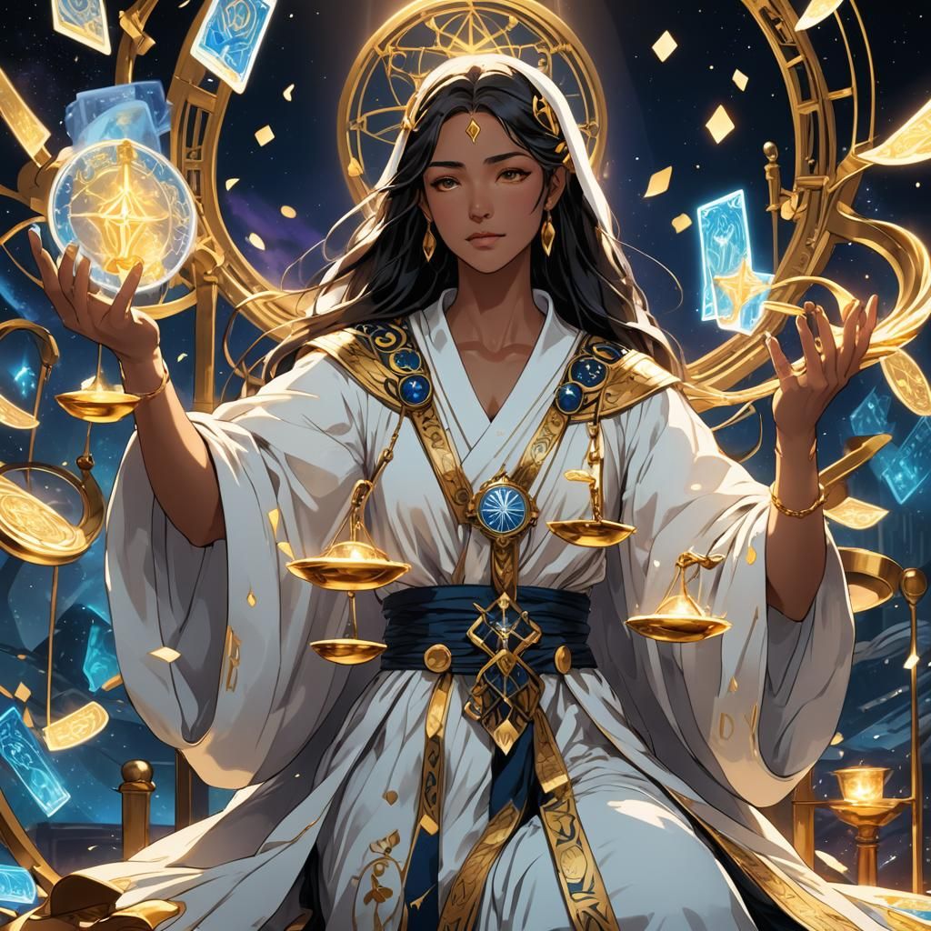 Tarot reader reading cards with libra scales justice