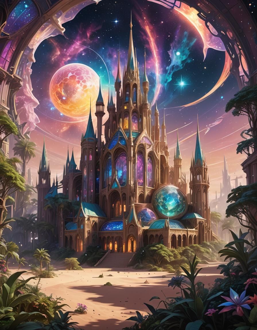 In the center of a time-warped space oasis, a mesmerizing crystal palace rises from the luminous sands, its majestic spires reaching towards...