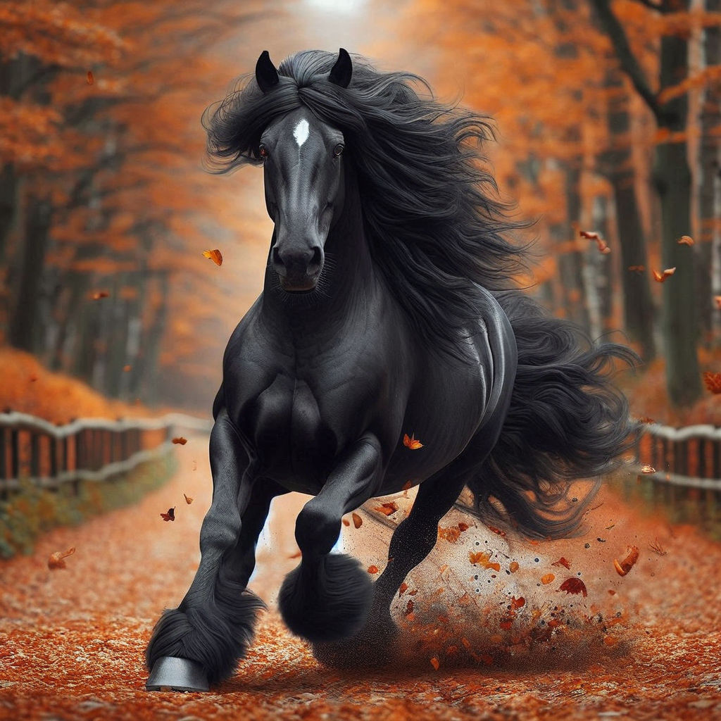 Friesian Horse running through autumn forest lane