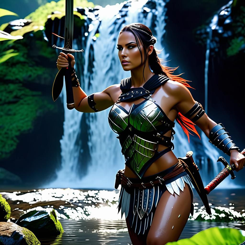 A beautiful female warrior takes off her armor and weapons t...