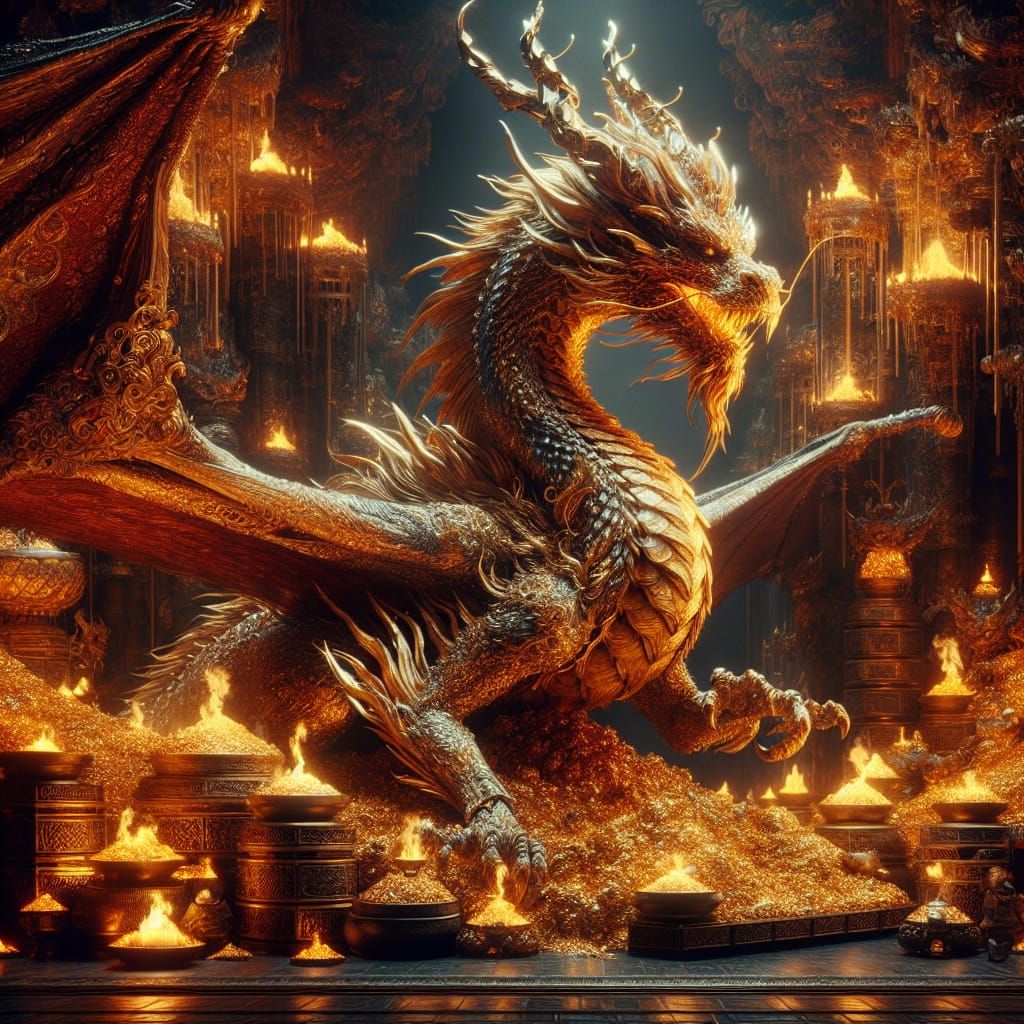 A majestic Dragon guarding its gold horde - AI Generated Artwork ...