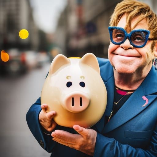Elton John triumphantly clasping a piggy bank to his bosom