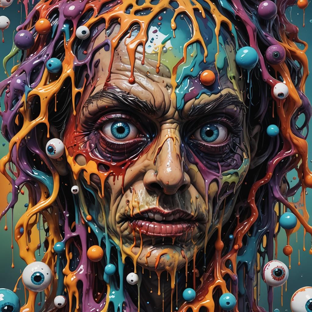 Melting Face Horror House in Hyperrealistic Splash Art