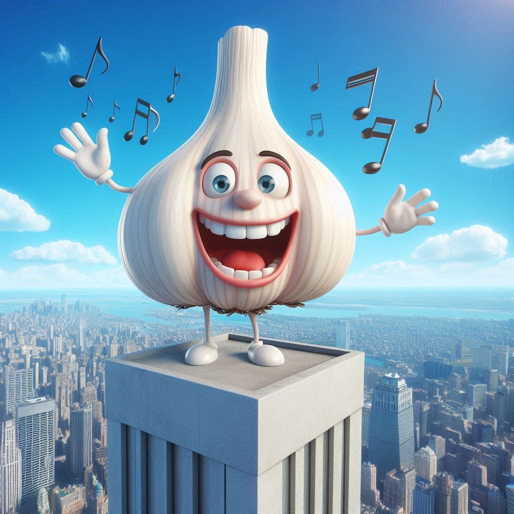 Goofy Garlic Singing on Top of a Skyscraper