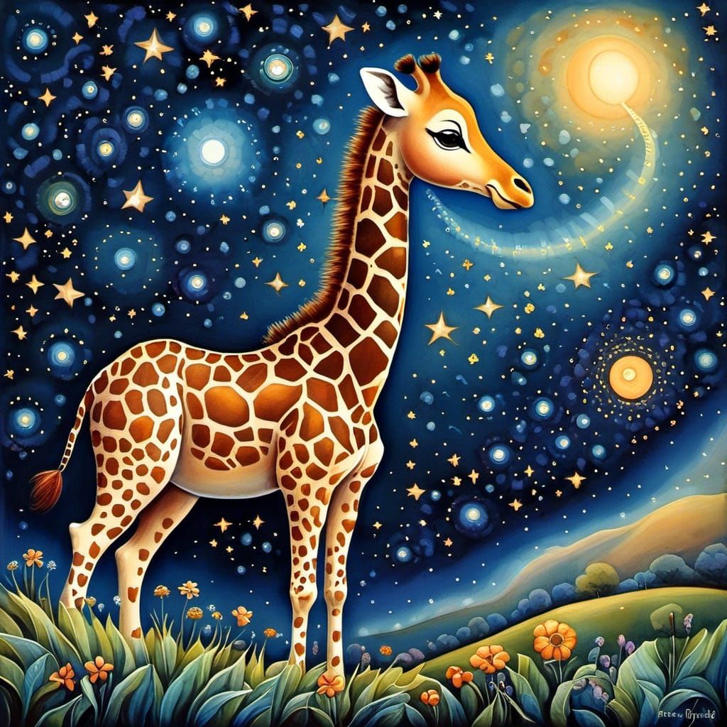 Adorable cute chibi baby giraffe, African savannah, zentagle, folk art, stunning night sky, shooting star, Morris Hirshfield, Anna Silivonch...