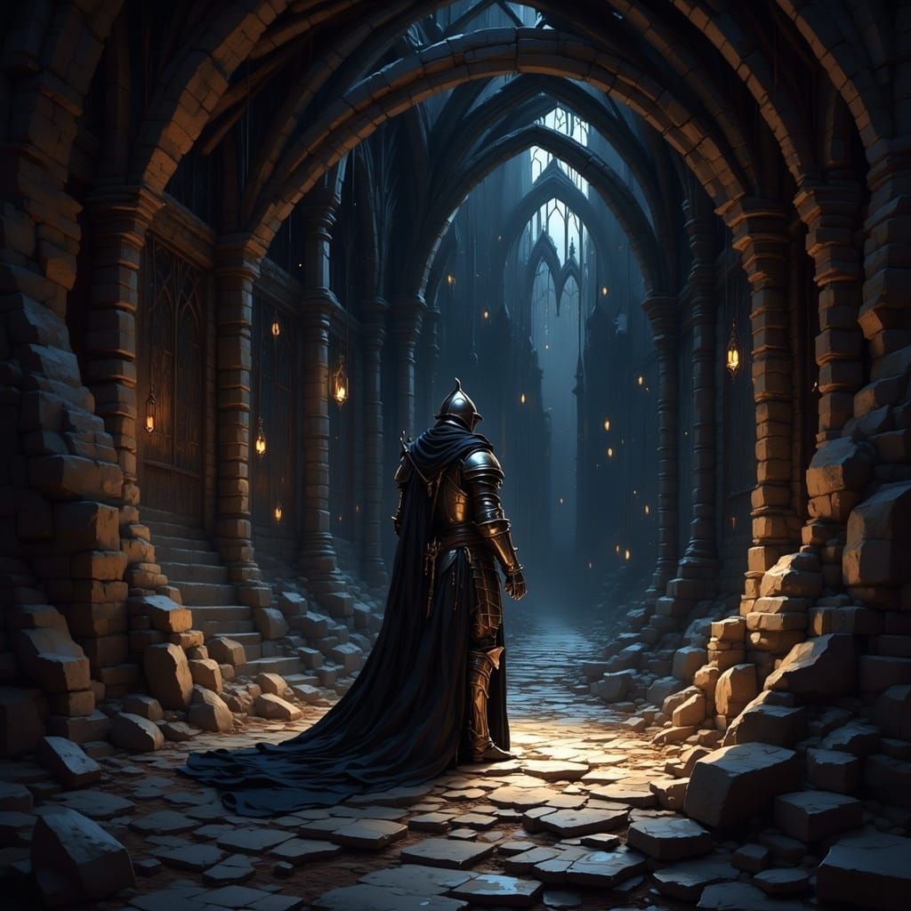 A fantasy Knight in full armor dark tunnel with rocky outcroppings <lora:Dark Web Core:1.0> 