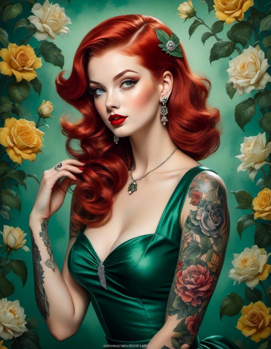 <lora:Pinup:1.0> full body portrait Gorgeous tattooed 50s pin up woman with stunning styled red hair wearing “that green dress”, soft smile,...