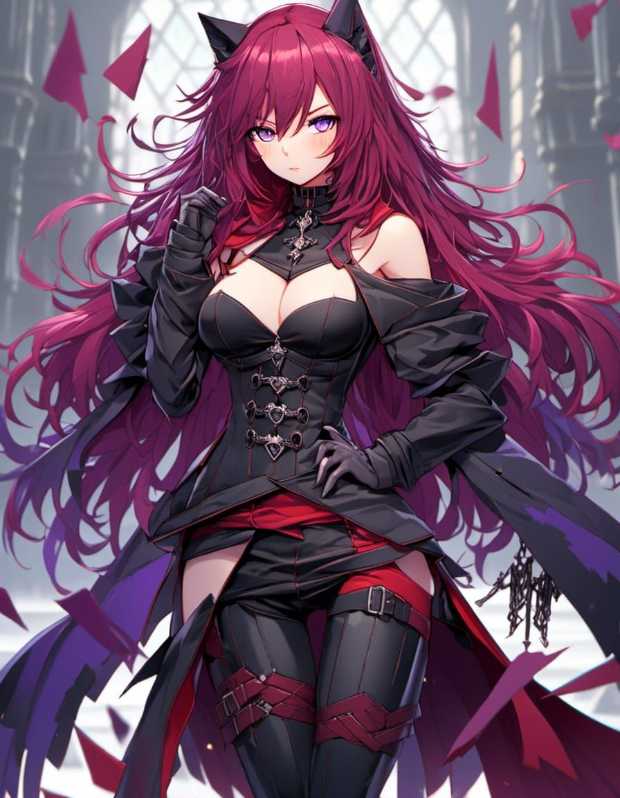 Cloaked Assassin, Female, Bipedal, Thick Thighs, Attractive, Purple Eyes, Full Body, Large Bust, Crimson Hair, Gorgeous Features, Dominant,...