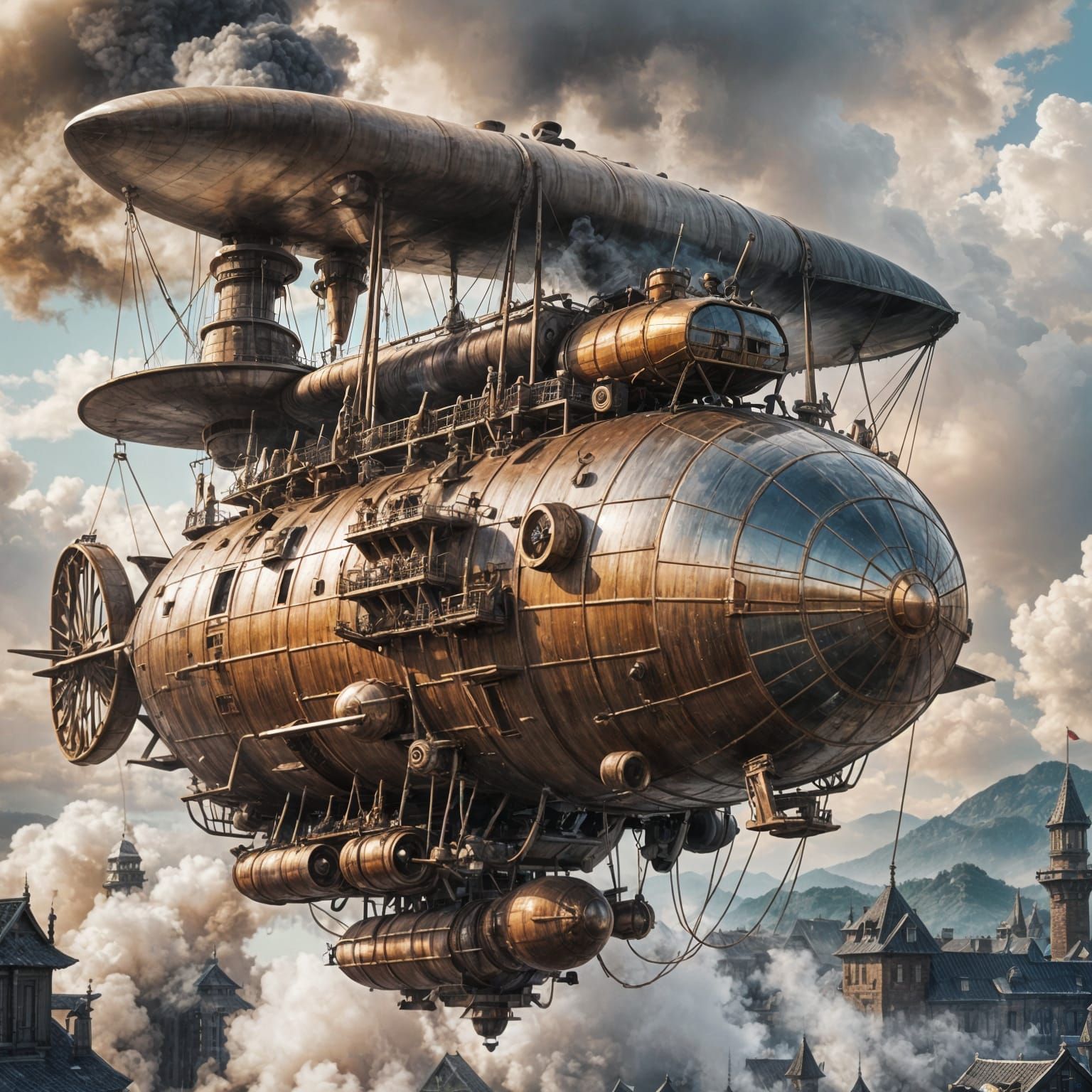 Golden Steampunk Airship Flying in the Sky