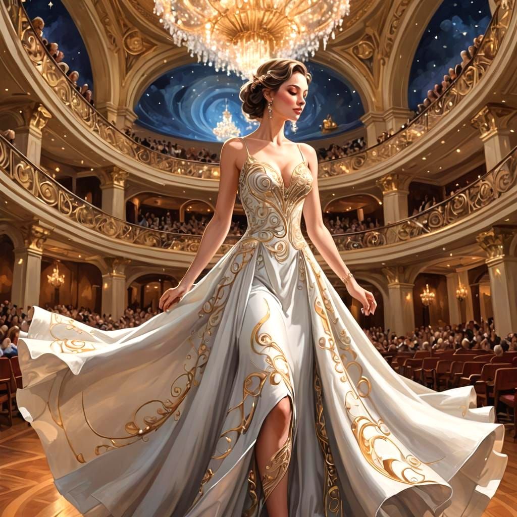 Dazzling in white-and-gold gown