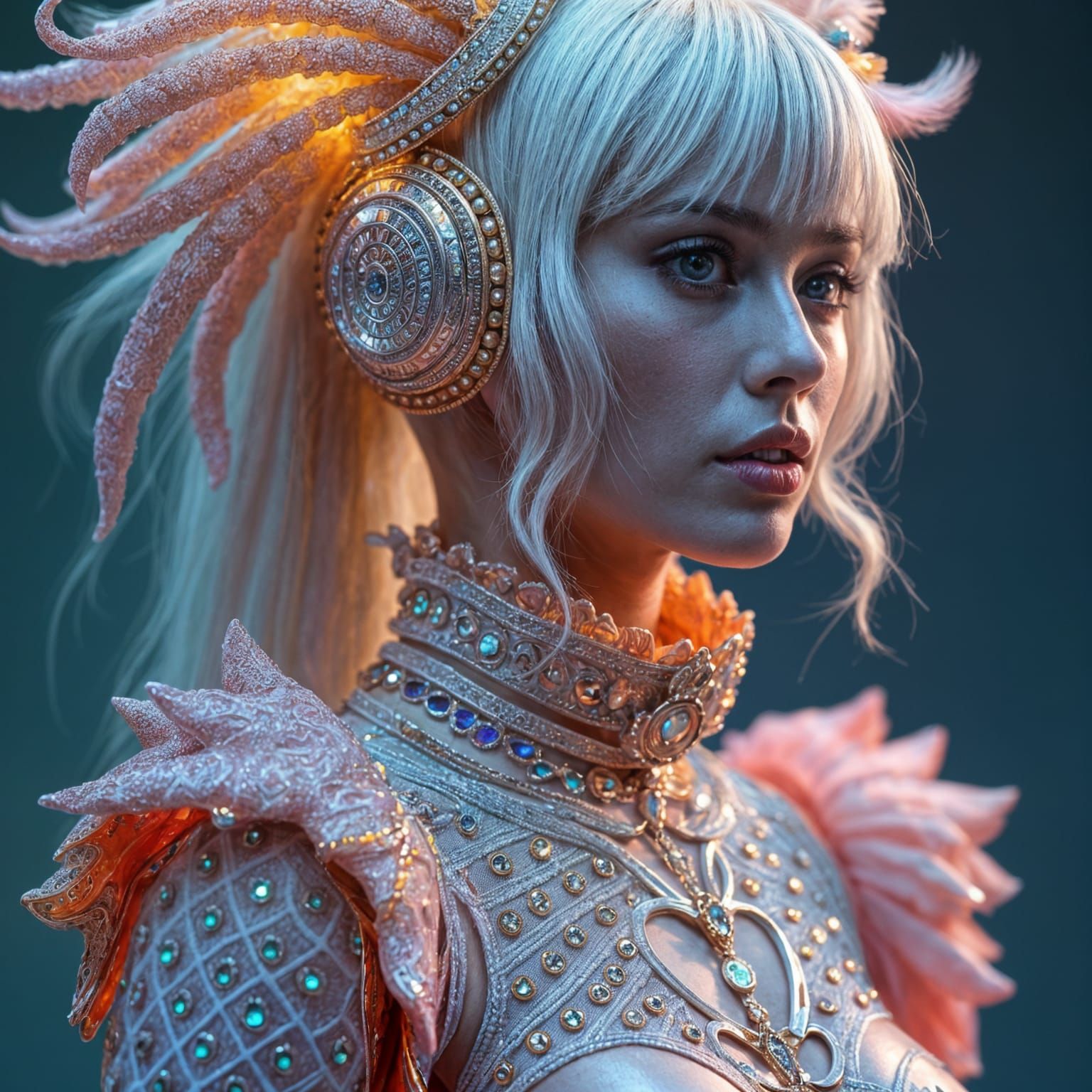 Hyperrealistic portrait of a beautiful woman wearing intricately detailed colorful clothing and futuristic jewellery