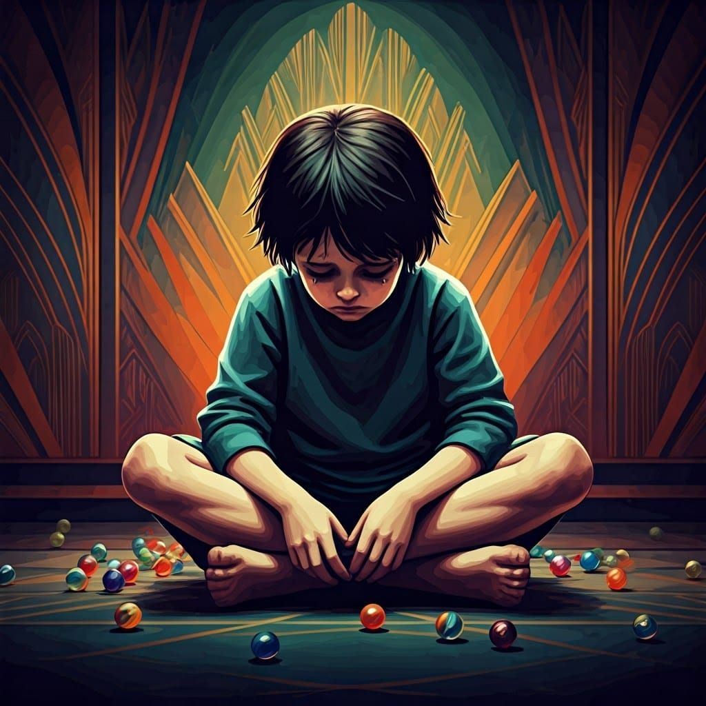 Melancholic Child Amidst Vibrant Marbles in Opulent Art Deco...