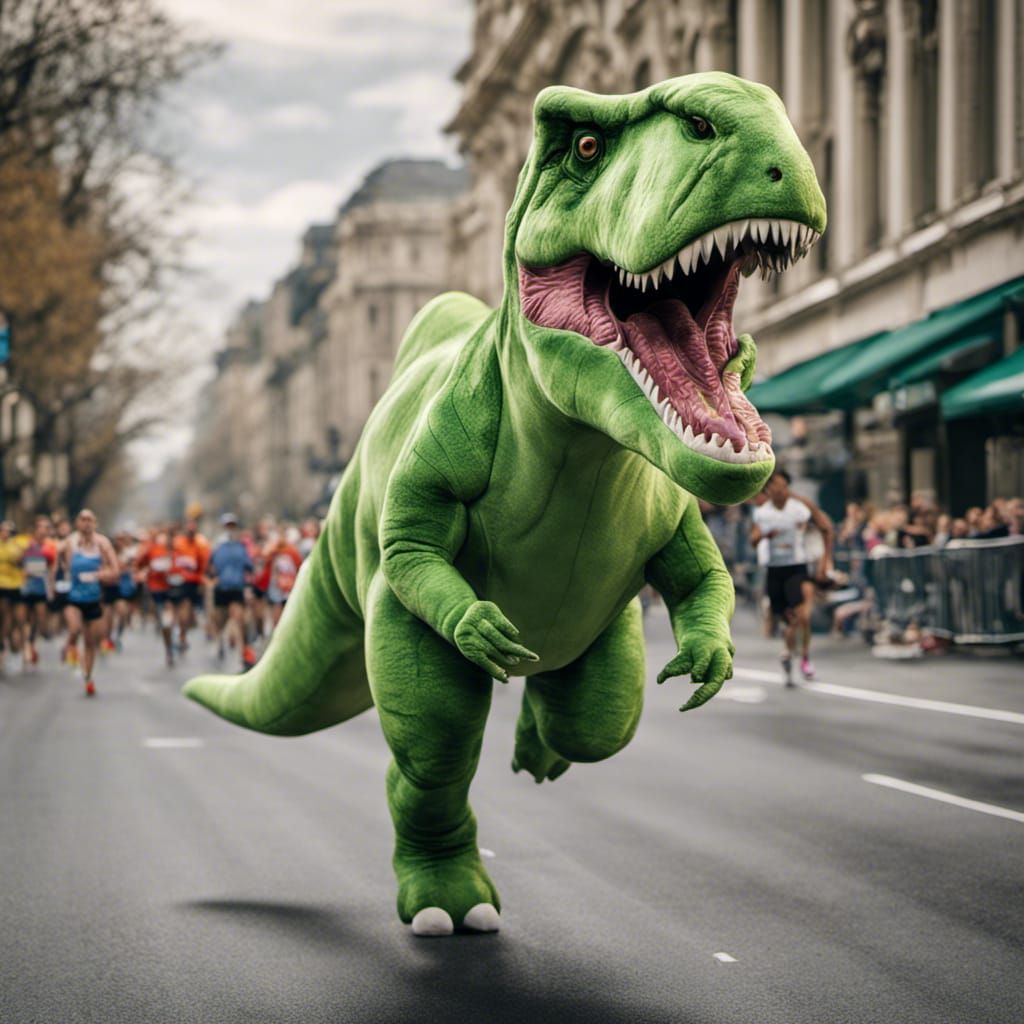 Plush human-sized Green T-REX running a marathon