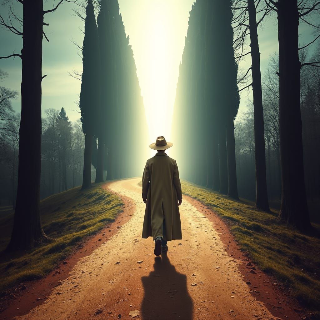 person walking down a path towards a Blinding light ahead