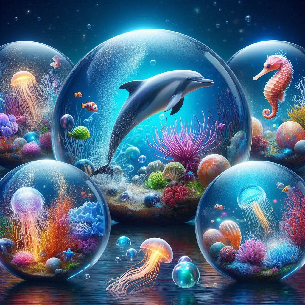 multiple 3D glass orbs featuring an underwater ocean scene