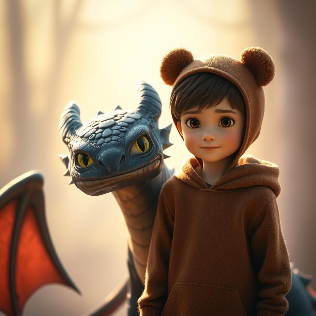 toothles dragon with boy in brown bear hoodie  by @Janek