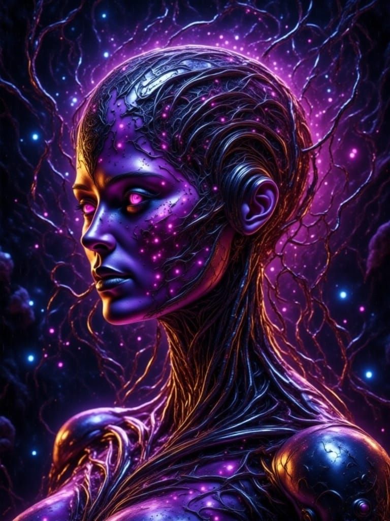Ethereal Humanoid in Vibrant, Neon-Lit Futurism
