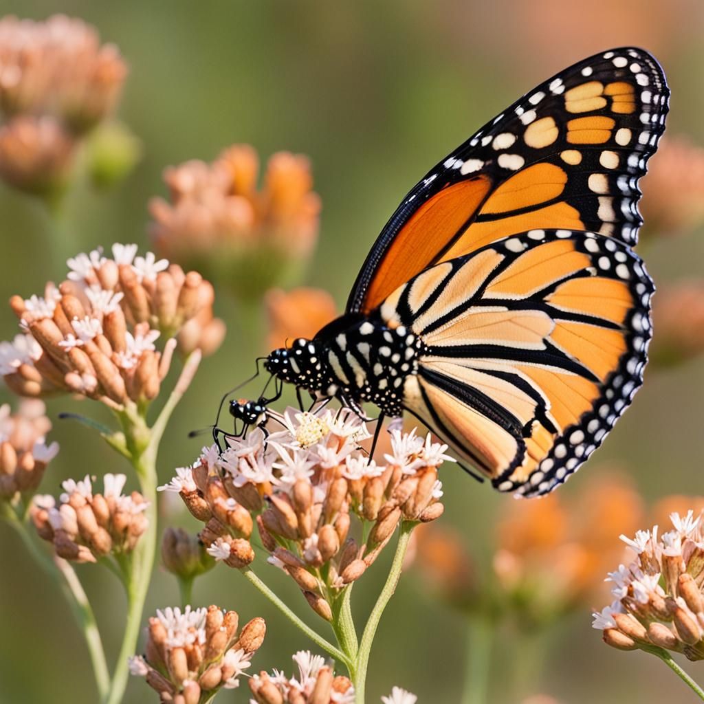 Aa extreme closeup of a Monarch butterfly pollinating a flow...