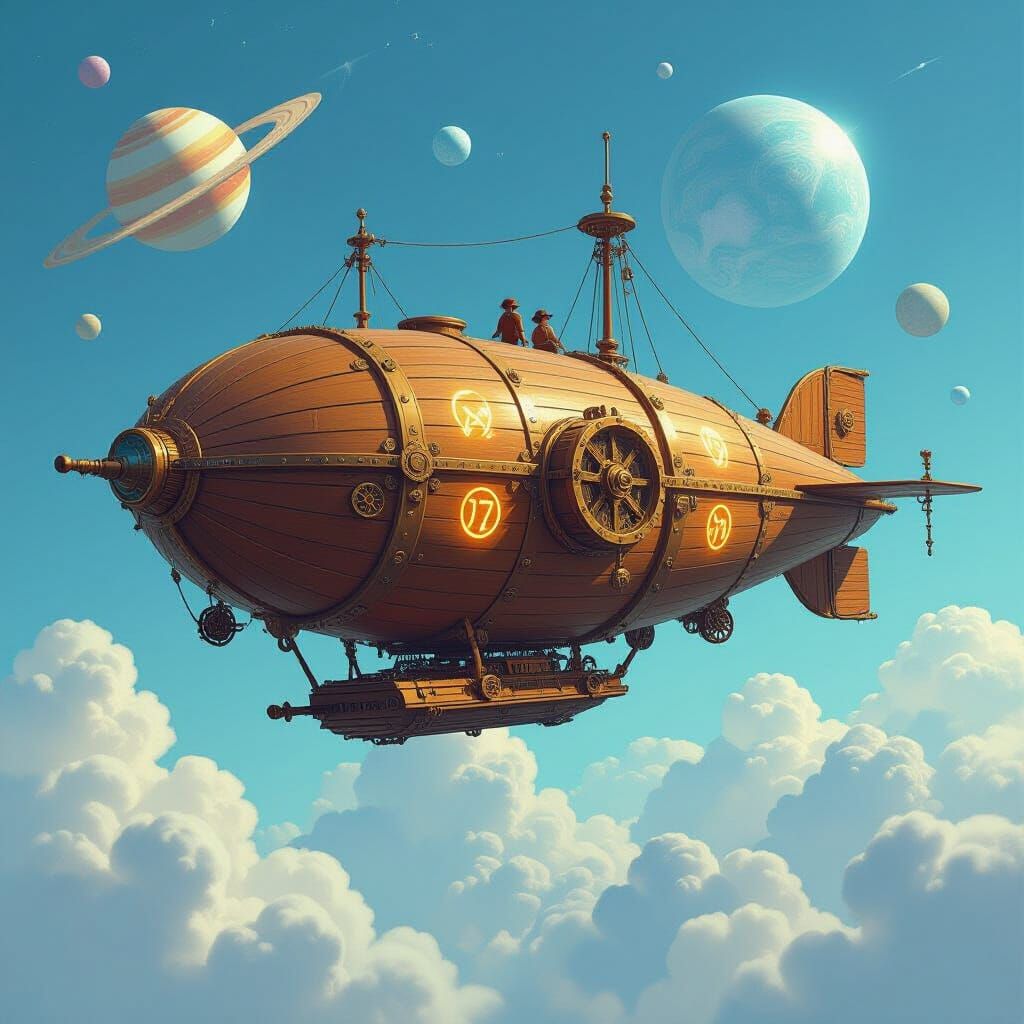 An adventurous airship, crafted from polished wood and intricate clockwork mechanisms, sails through a sky filled with swirling nebulae and ...