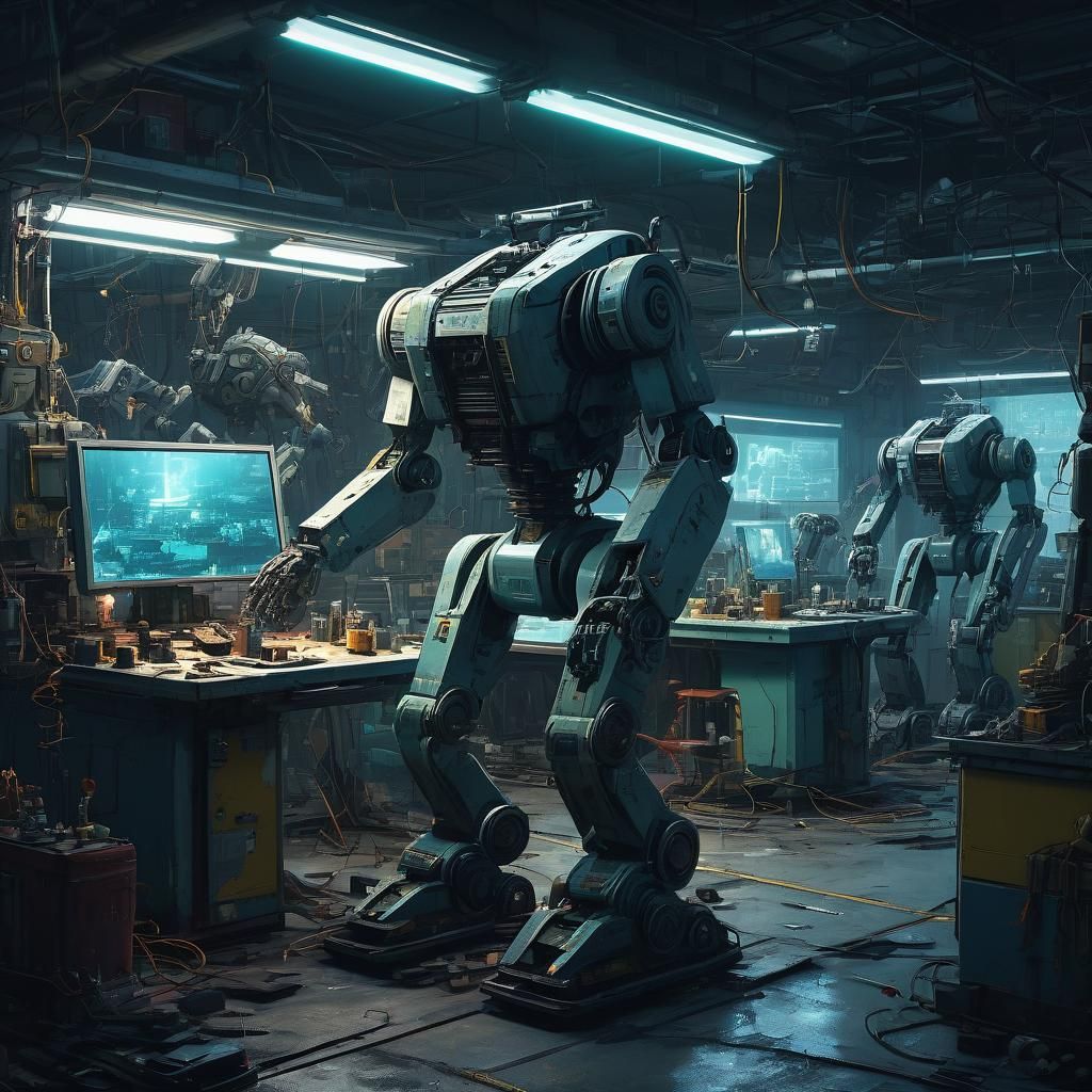 A futuristic repair shop bustling with towering mechs in var...