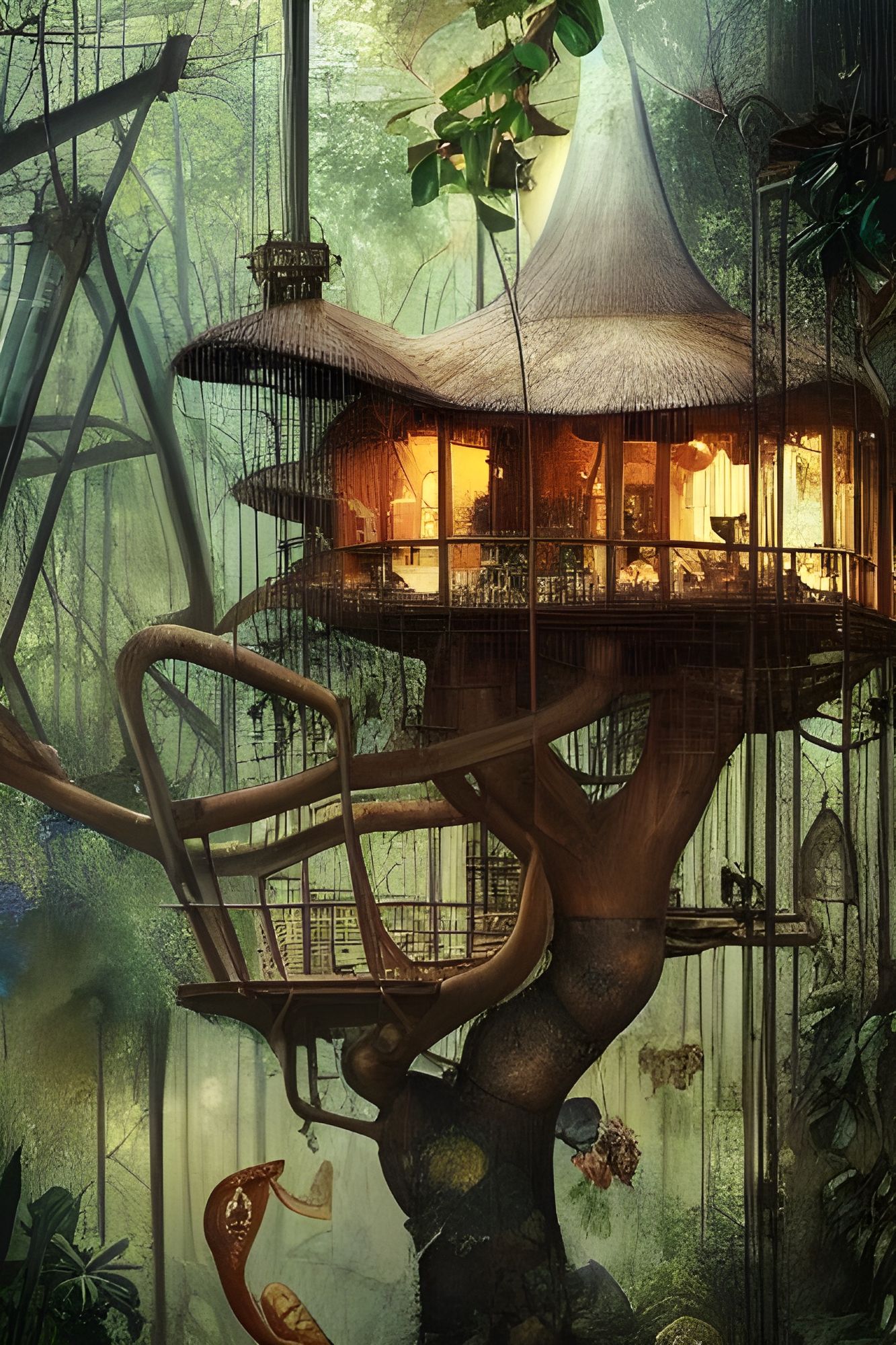 Intricate Jungle Treehouse Interior AI Generated Artwork