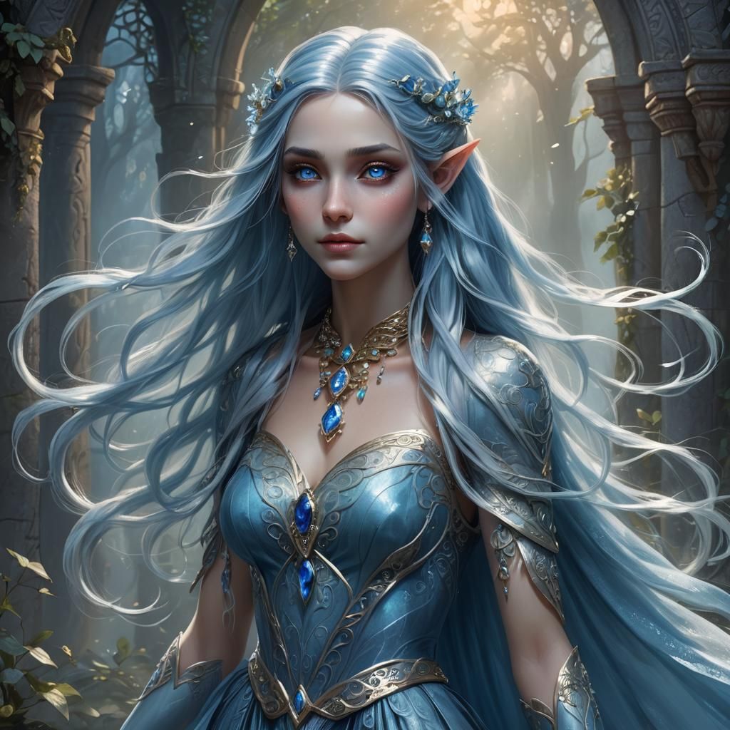 Blue elf woman with white eyes and blue hair, ethereal fantasy painting ...