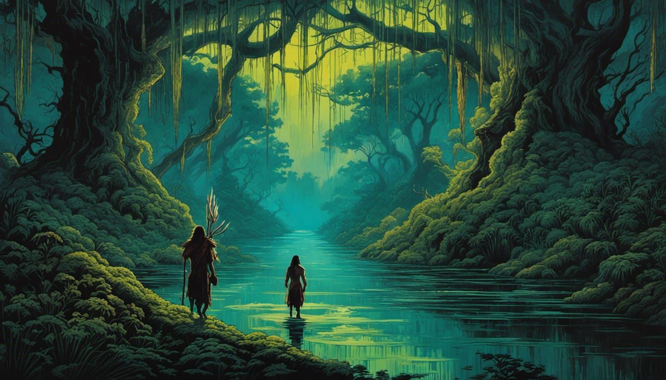"Bayou" male Native American shaman walking alone in a surreal dream along dark 1800's Louisiana bayou with a mixed half...