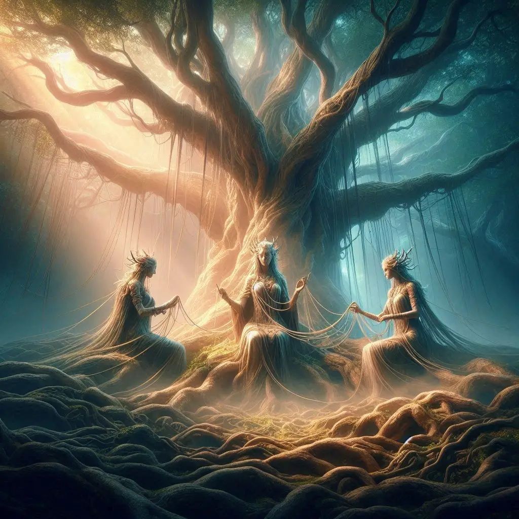 The three norns weaving the threads of life and fate
