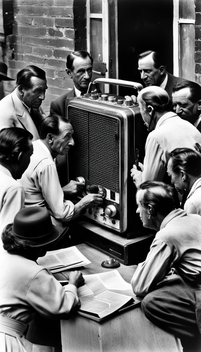 A group of people gathered around a radio, listening to the ...