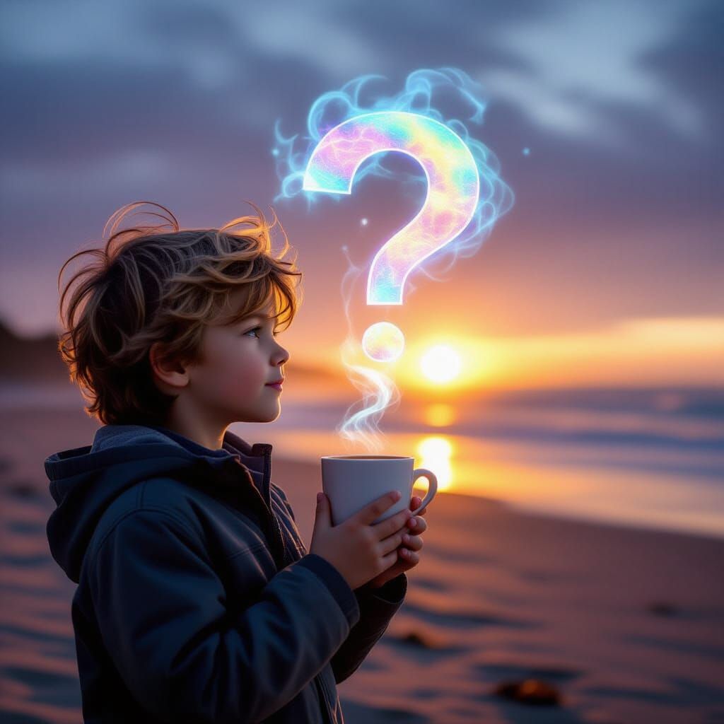 Boy with Coffee on Beach at Dawn, Ethereal Question Mark