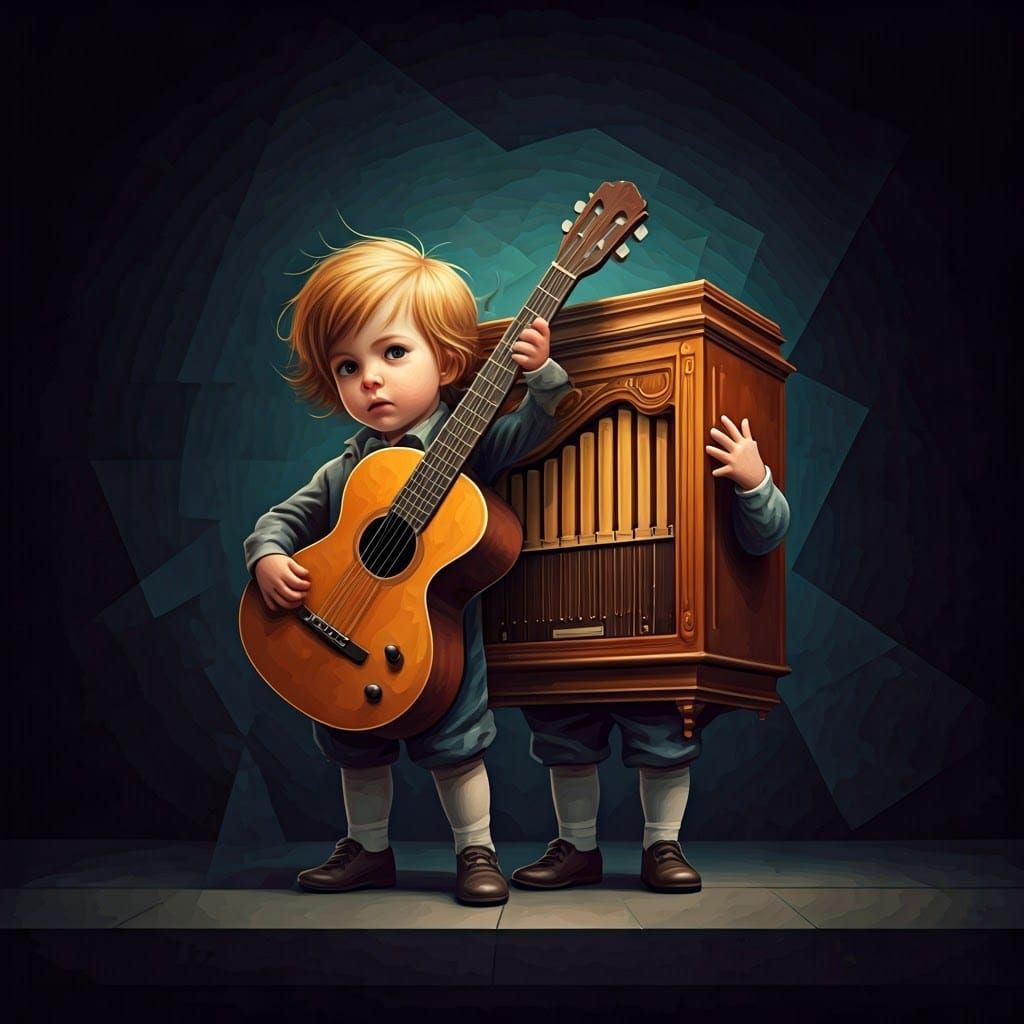 Children Dress Up as Musical Instruments in Neo-Cubist Style