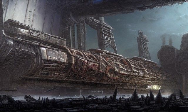 a beautiful highly detailed matte painting of a huge derelic...