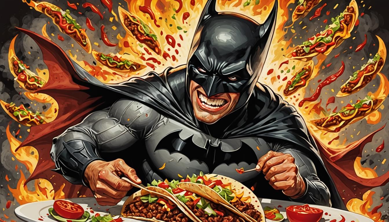 Batman joyfully munching on a very spicy taco with a extremely high Scoville count, it makes him squint and sweat